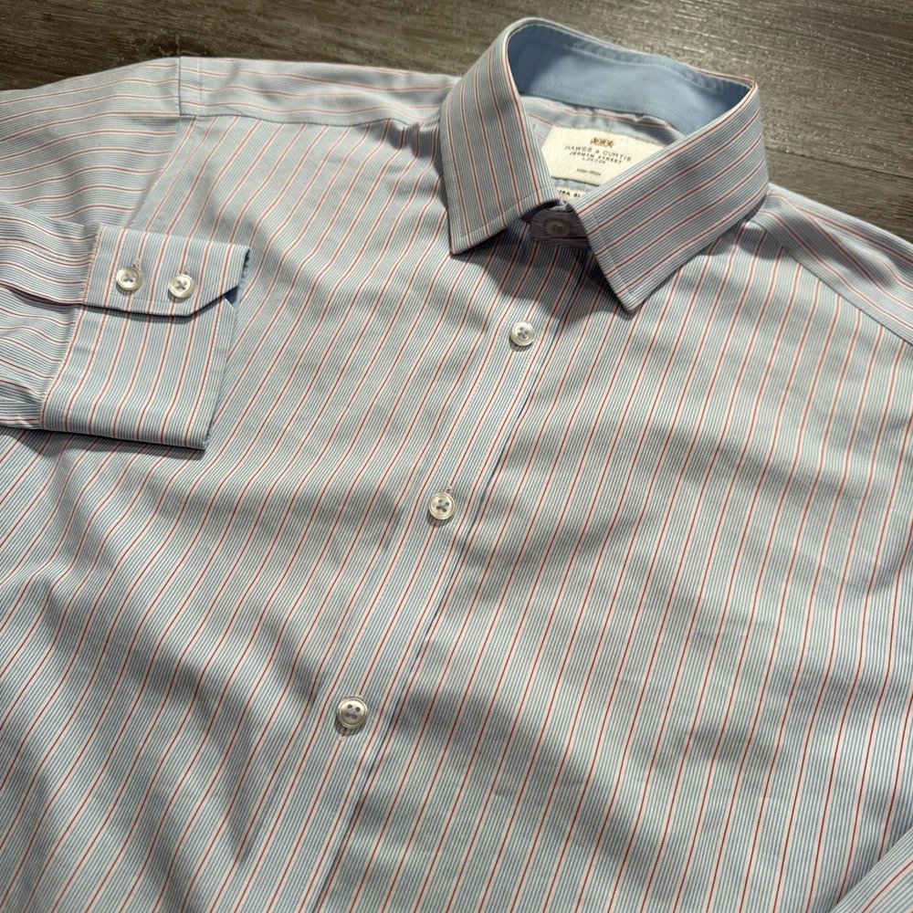 Hawes & Curtis Shirt‎ Mens 16 34 Blue Pink Stripe Cotton Extra Slim Fit Workwear